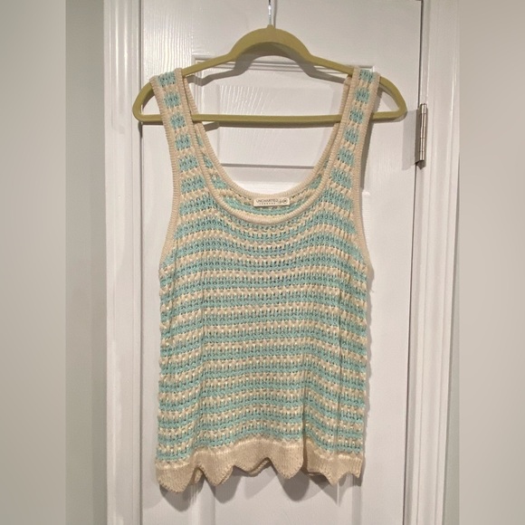 NWT Uncharted Size M Aqua Cream Knit Crochet Soft Stretchy Scalloped Tank Top - Picture 1 of 11